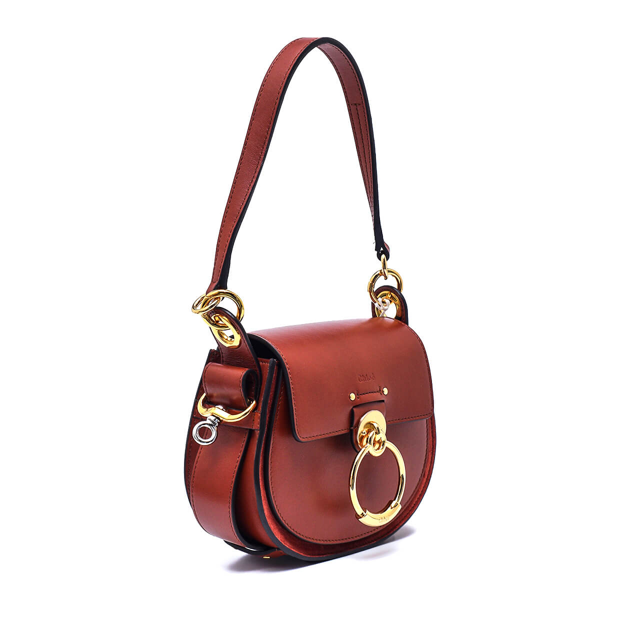 Chloe -Brown Leather Small Tess Ring-embellished Shoulder Bag 